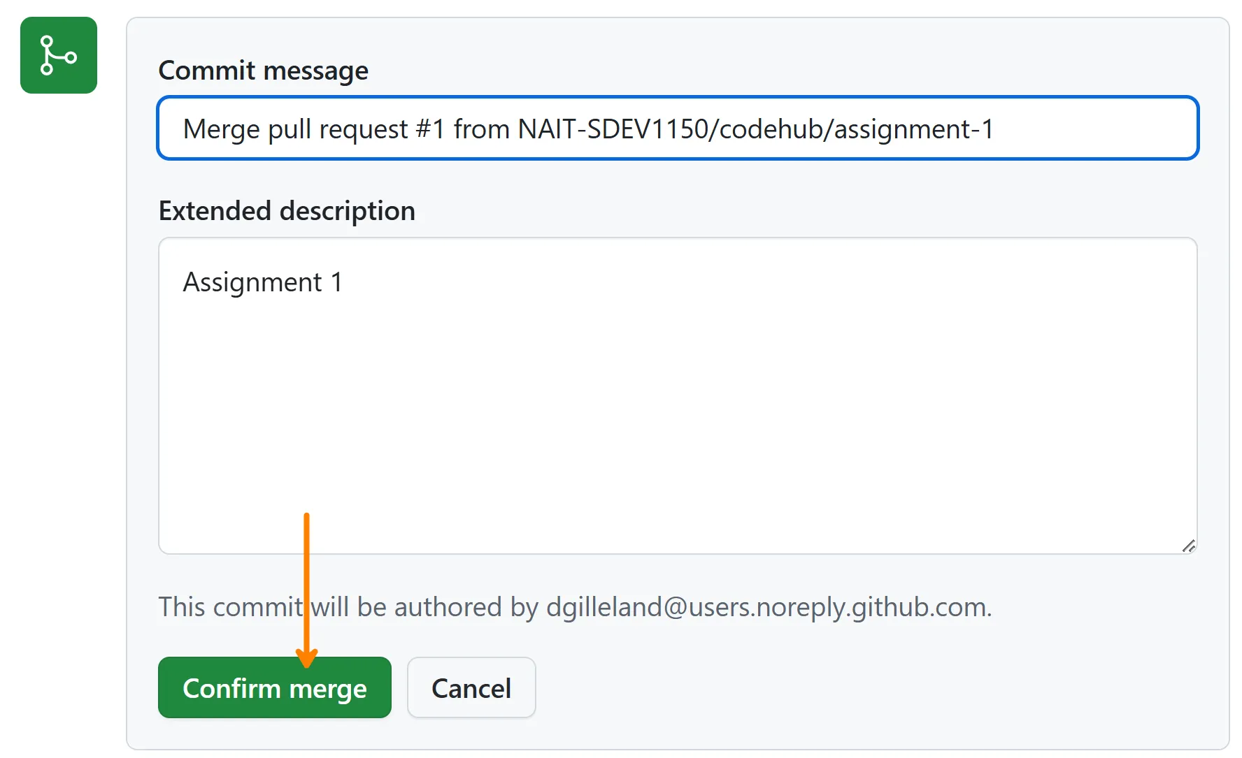 The Confirm merge button below the pre-filled commit message and extended description