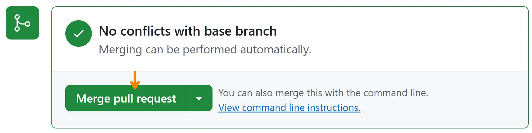 The Merge pull request button below a No conflicts with base branch message