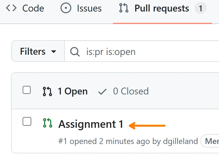 The list of open pull requests, showing one titled Assignment 1